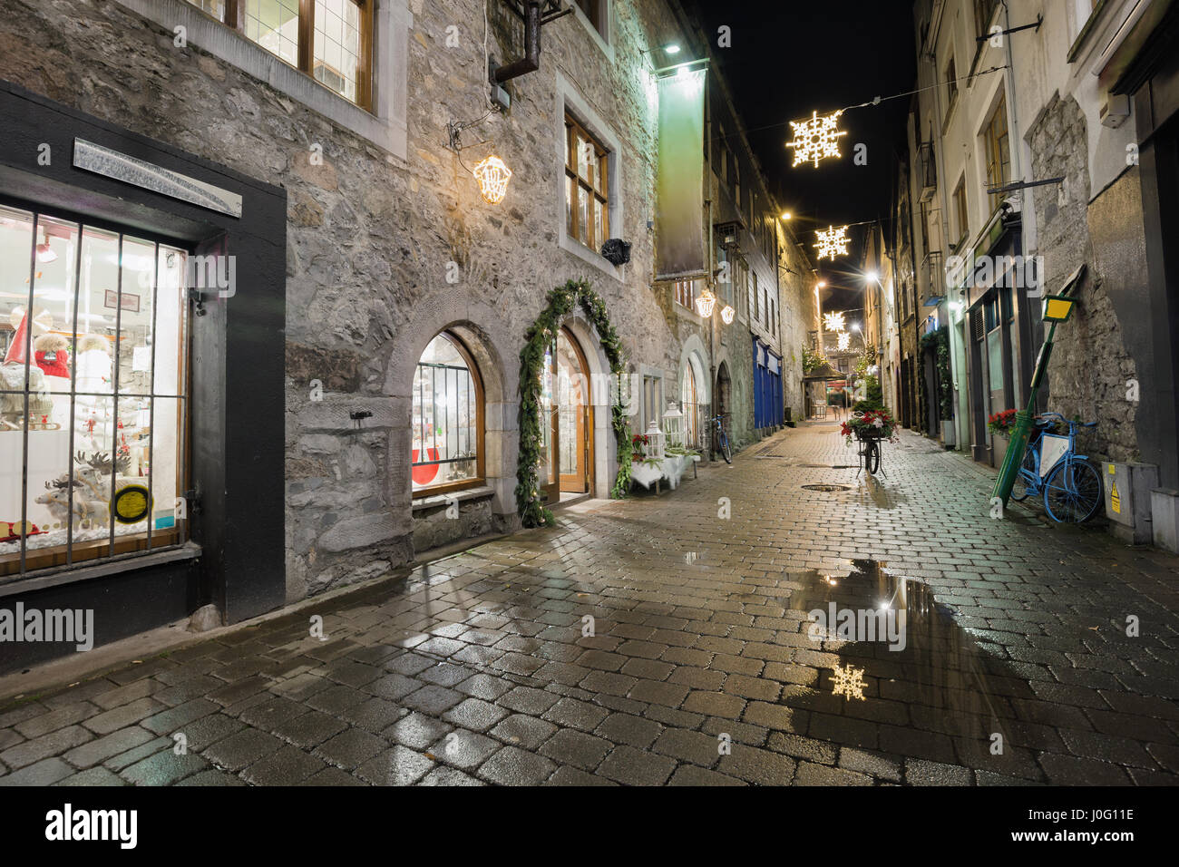 Old street in Galway, Kerwan's Lane, decorated with christmas lights