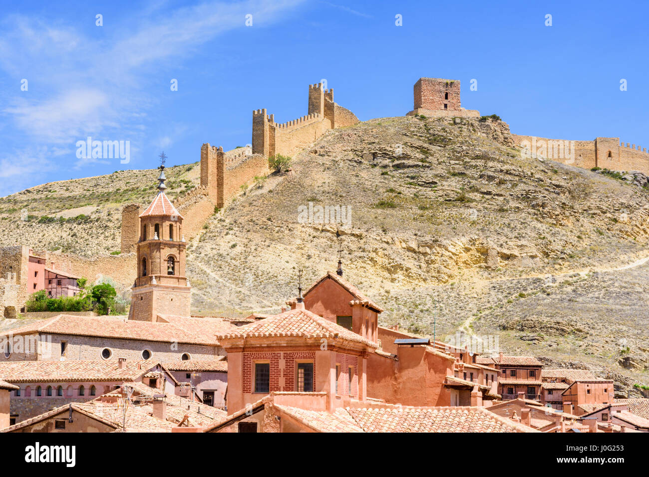 North walls topped with the Torre del Andador in the Medieval walled town of Albarracin, Teruel, Aragon, Spain Stock Photo