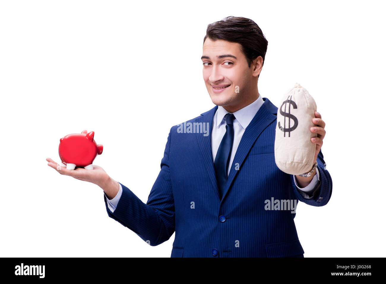Handsome man with piggybank isolated on white Stock Photo - Alamy