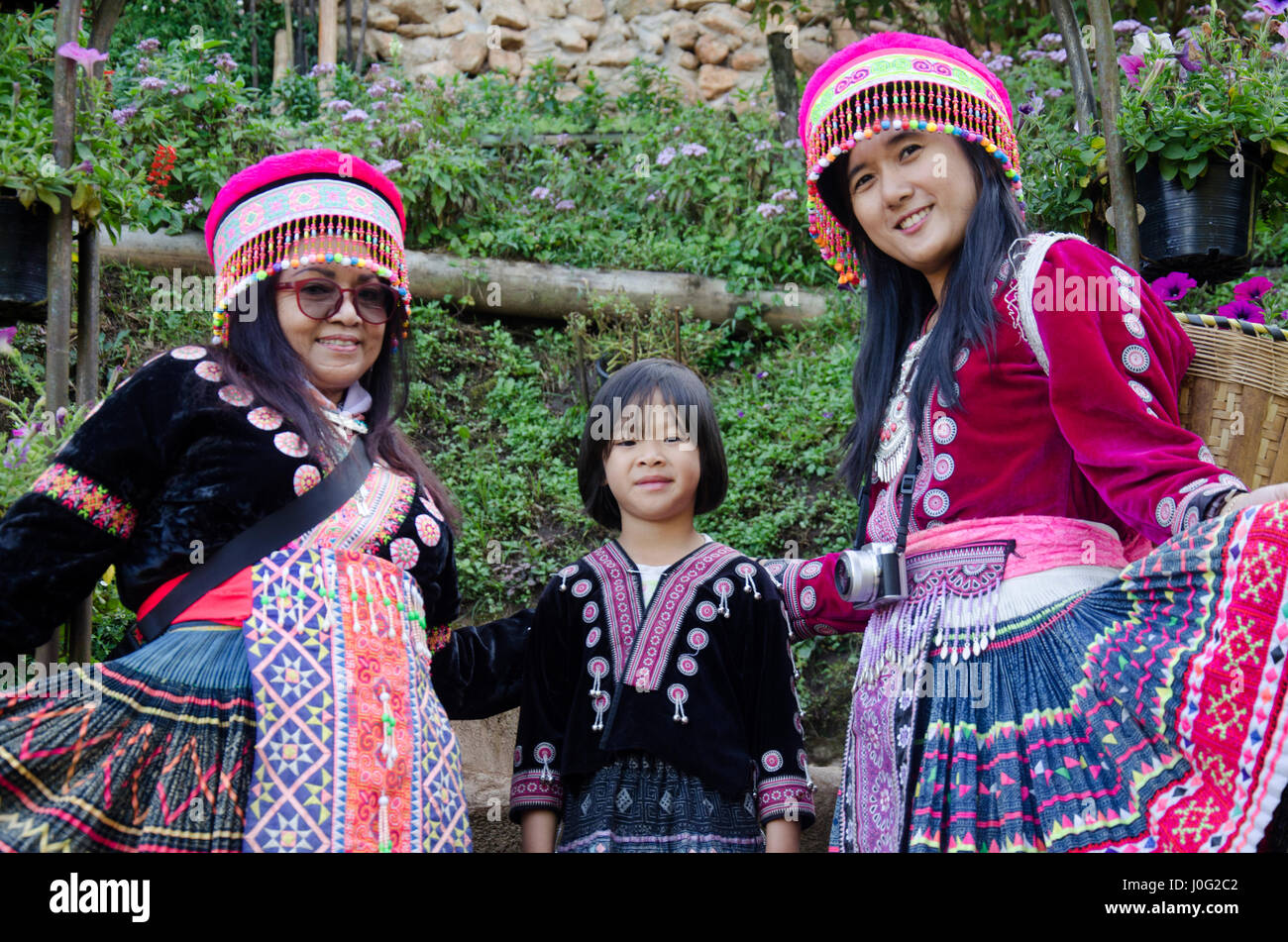 Thai women people wearing costume traditional of ethnic hmong for take ...