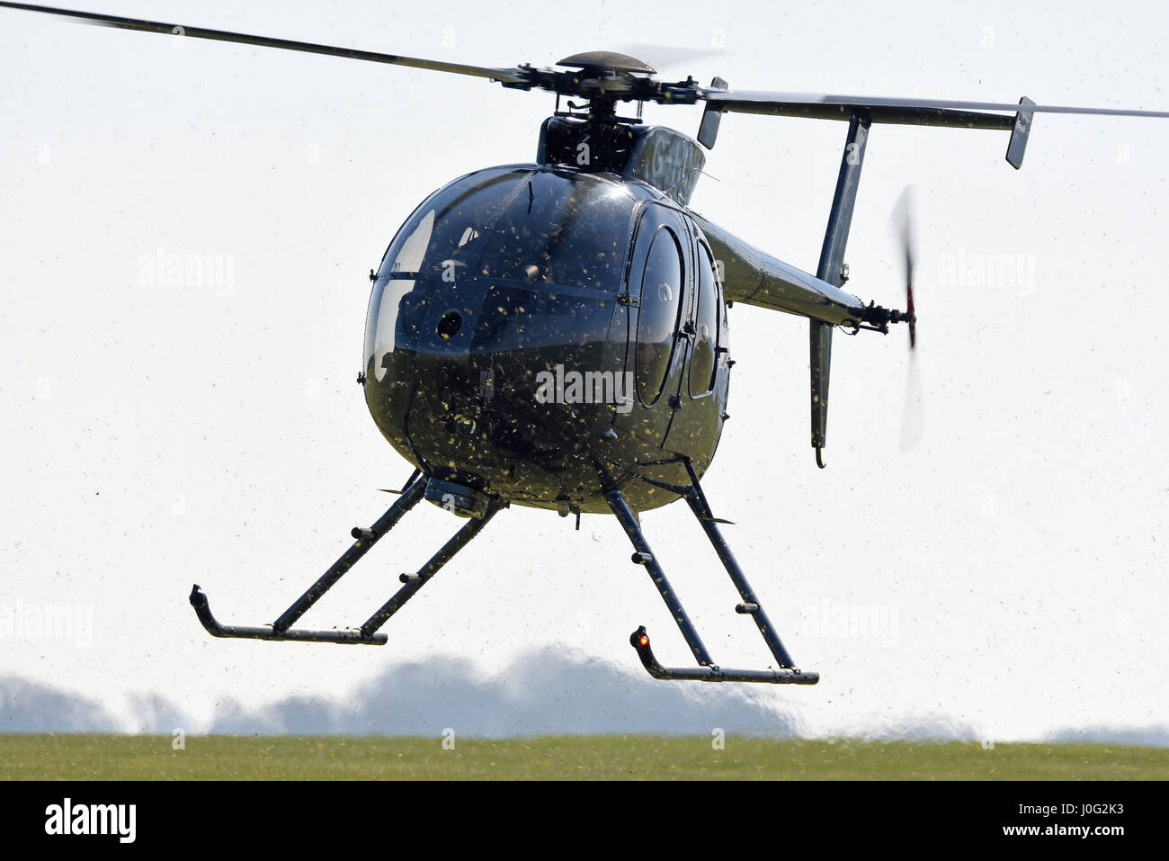 MD Hughes 500 helicopter G-HUEZ owned by Falcon Helicopters Ltd landing and blowing up grass cuttings Stock Photo