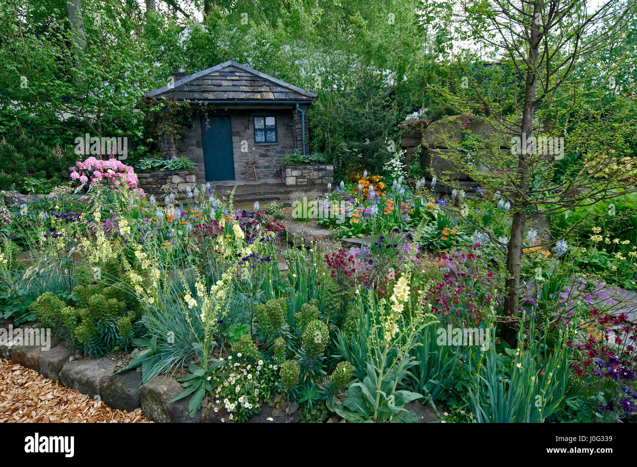 A country cottage and garden situated in a wooded rockery with a colourful display of flowers Stock Photo