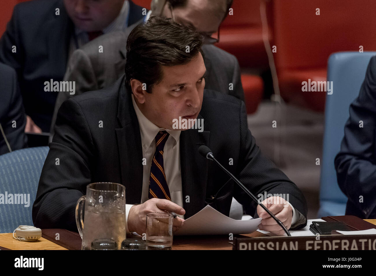 New York, USA. 12th Apr, 2017. Russian Deputy Permanent Representative for Political Affairs Vladimir Safronkov is seen during the Council meeting. The United Nations Security Council convened a meeting for its monthly briefing by UN Special Envoy for Syria Staffan De Mistura. At the Briefing, Mr. De Mistura reaffirmed his belief that the only viable solution to the Syrian crisis must be political -- rather than military -- in nature. Credit: PACIFIC PRESS/Alamy Live News Stock Photo