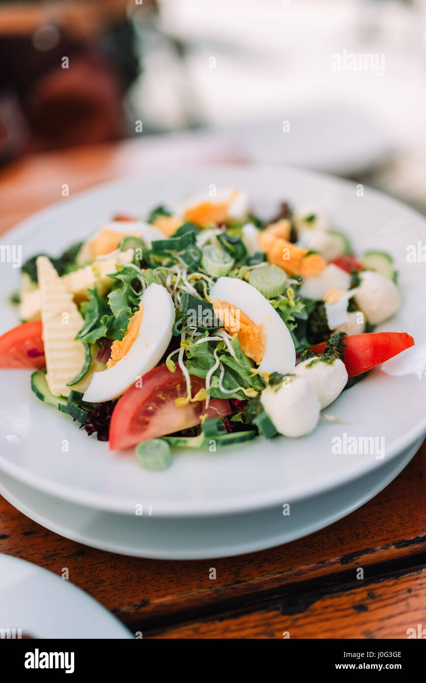 Delicious salat with eggs, tomatos, cheese and sprouts Stock Photo