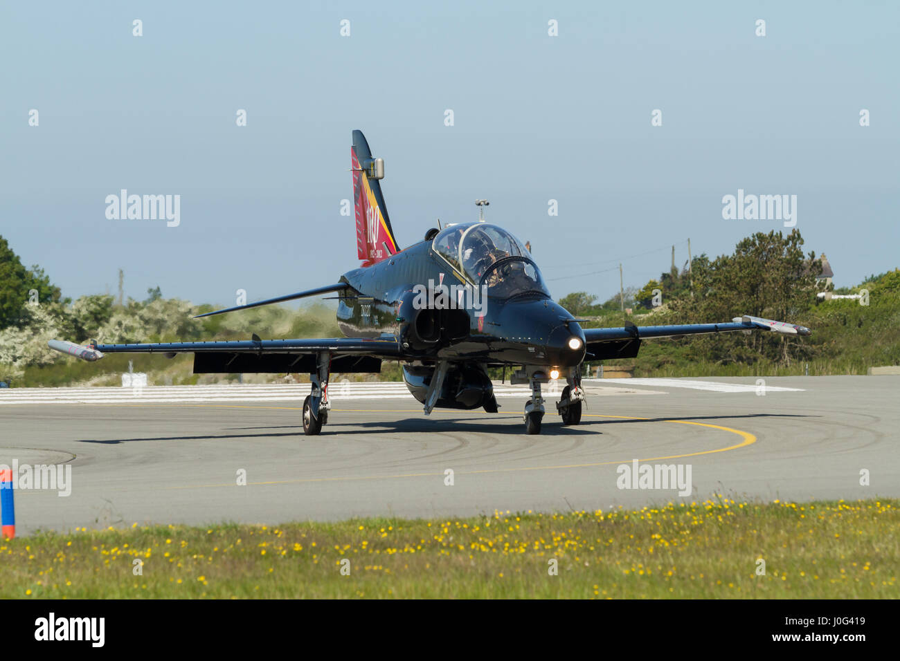 BAE Systems Hawk 128 T2 Trainer a British single engine advanced trainer aircraft taxiing at RAF Valley No 4 Flying Training School Stock Photo