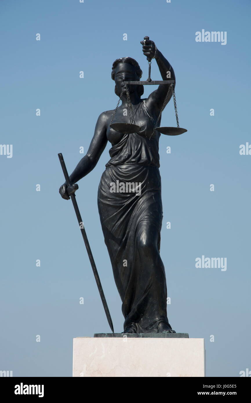 Themis is the god of justice and order, the daughter of Uranus and Gaia in Greek mythology. Stock Photo