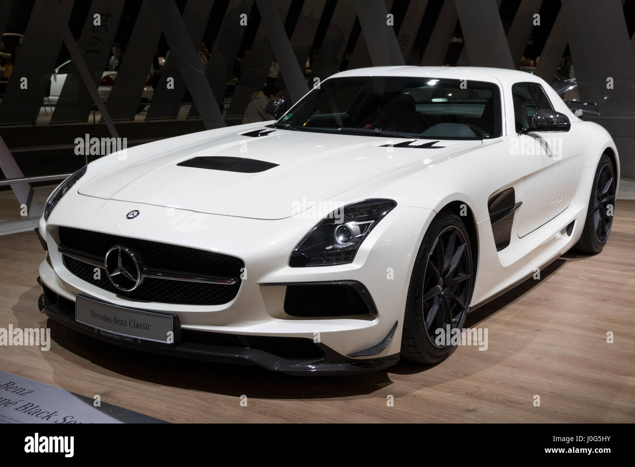 ESSEN, GERMANY - APR 6, 2017: 2013 Mercedes Benz SLS AMG Coupe Black Series (C197) sports car on display at the Techno Classica Essen Car Show. Stock Photo