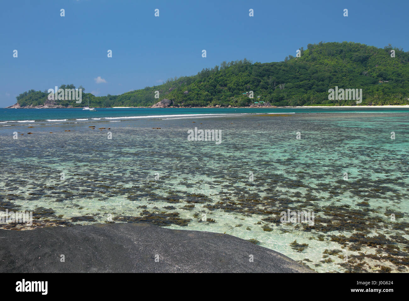 Gulf on tropical island. Baie Lazare, Mahe, Seychelles Stock Photo