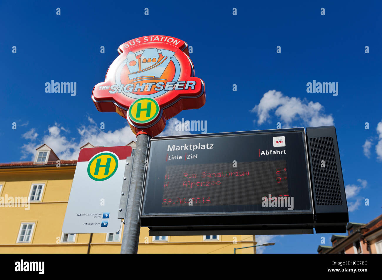 A colourful sightseer bus stop sign, Innsbruck, Austria Stock Photo