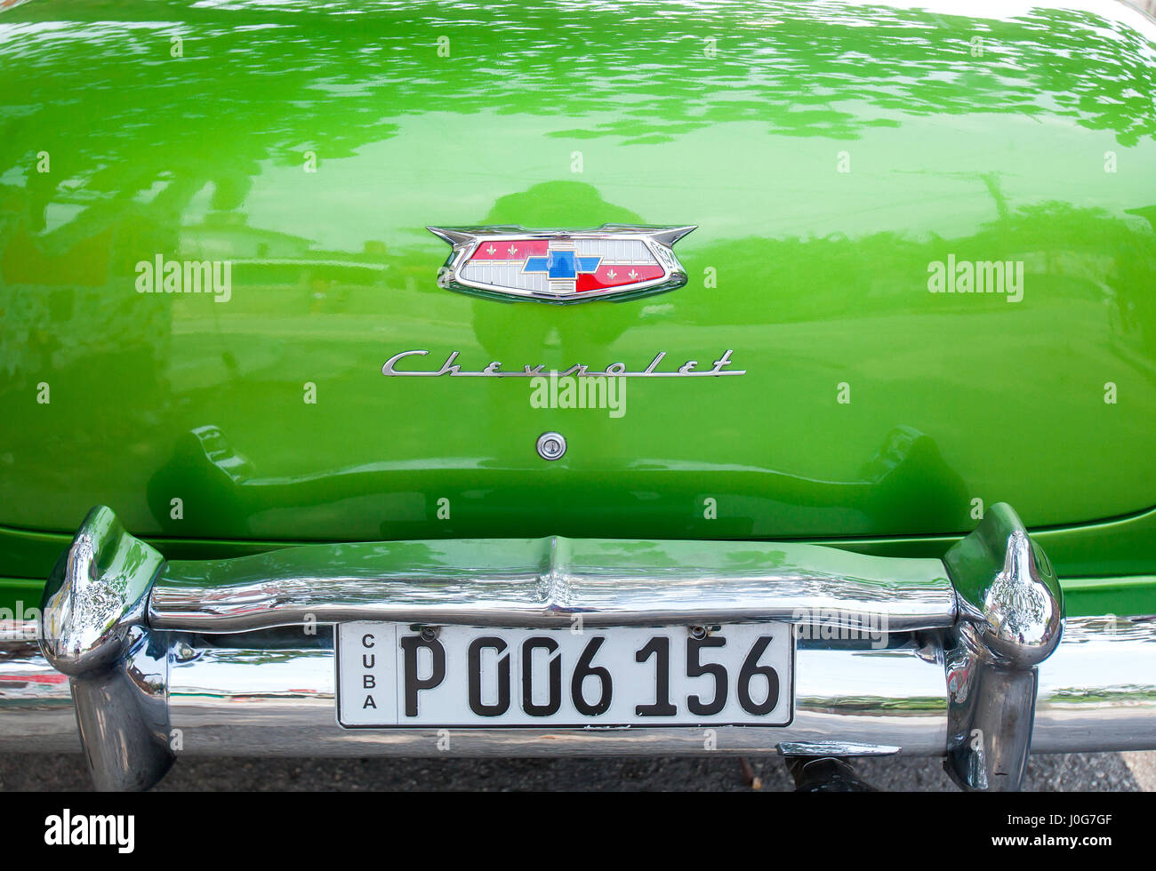 Green classic American car, Cuba Stock Photo