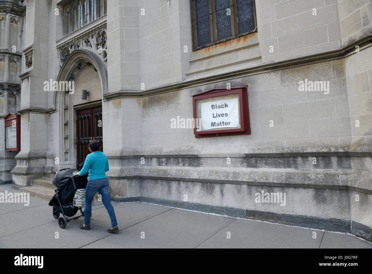 Black Lives Matter slogan sign on a Unitarian Universalist church, NYC Stock Photo