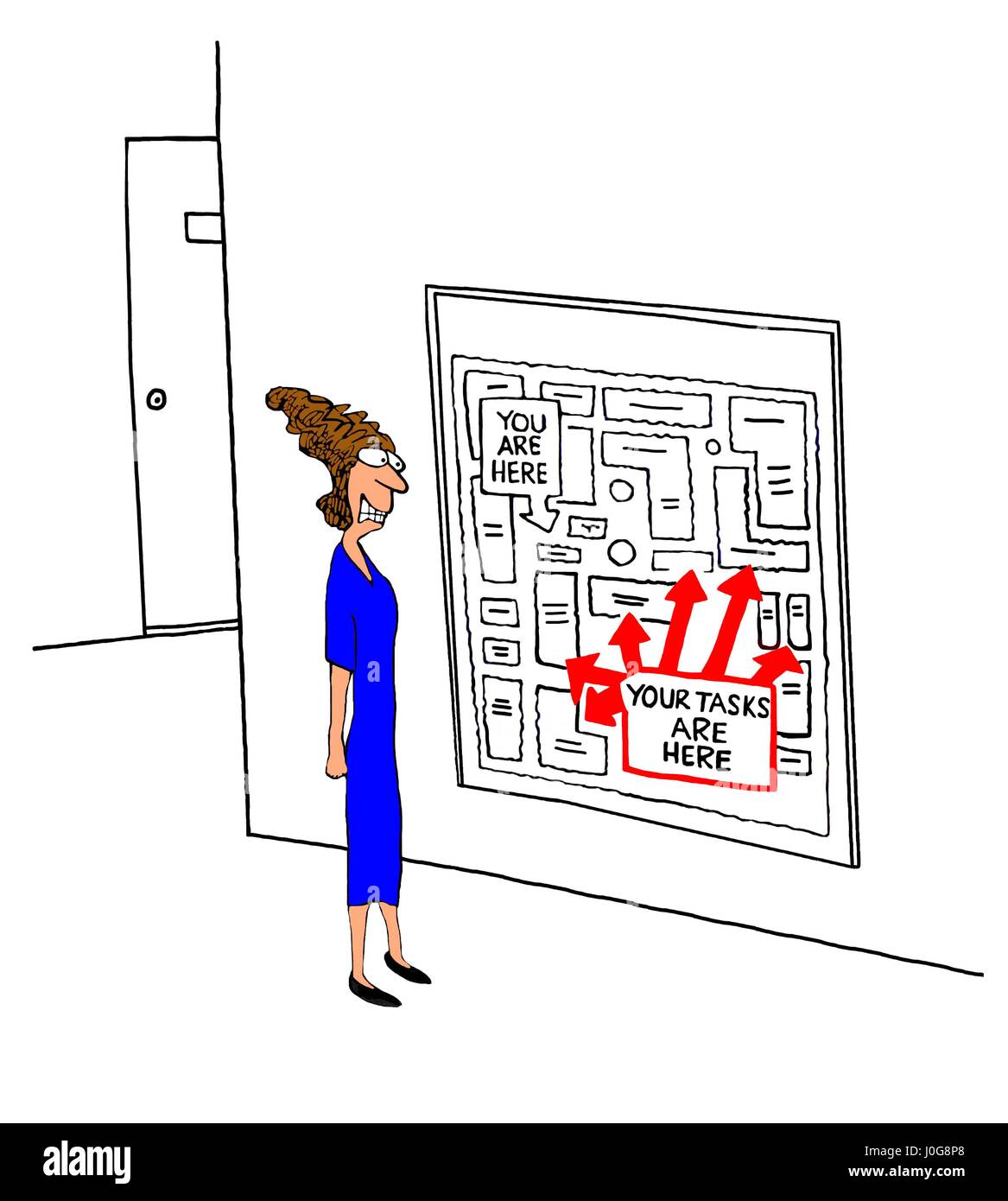 Business cartoon about a woman stressed by seeing all the tasks she must complete. Stock Photo