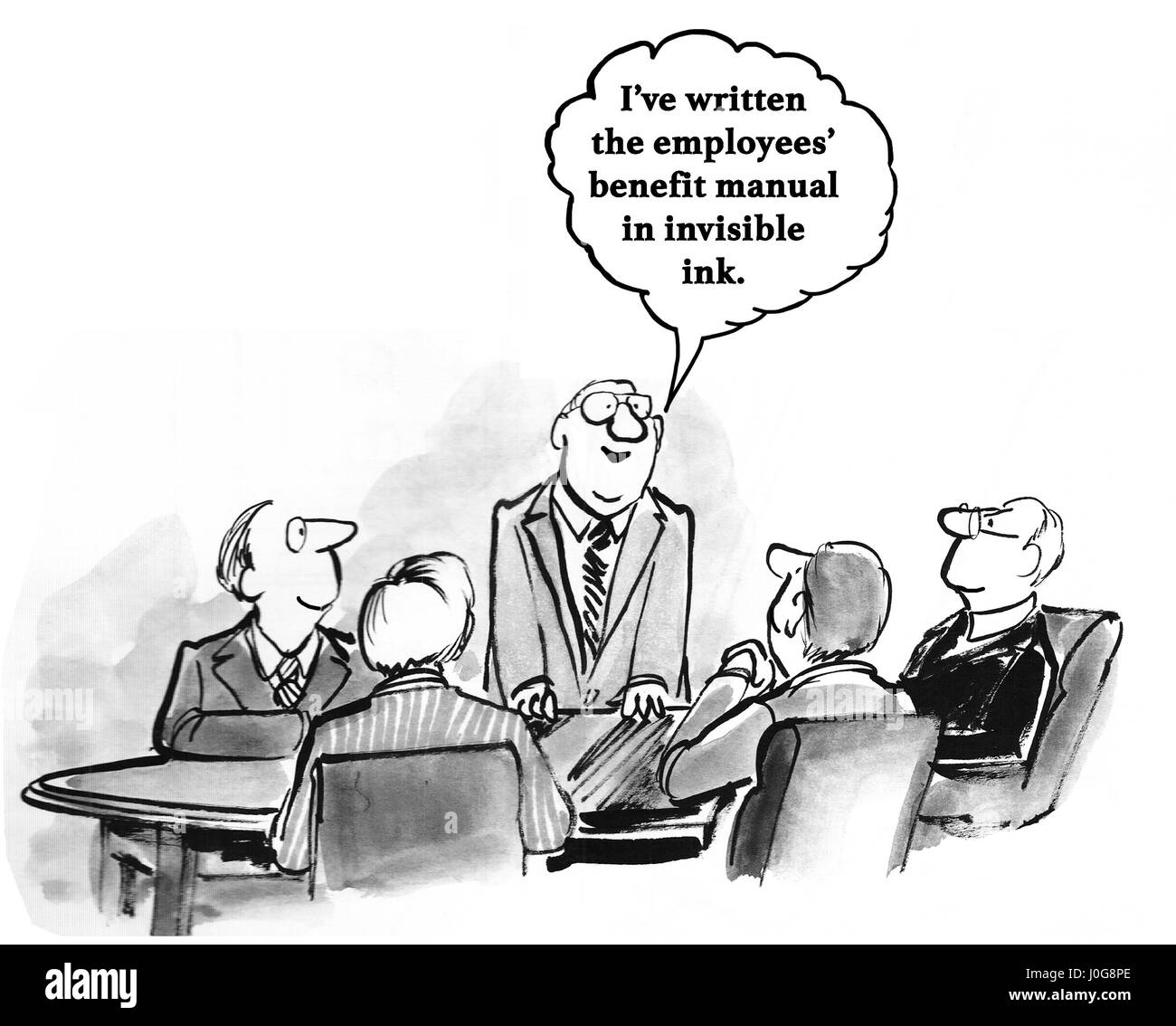 Business cartoon about writing the Employee Benefits Manual in invisible ink. Stock Photo