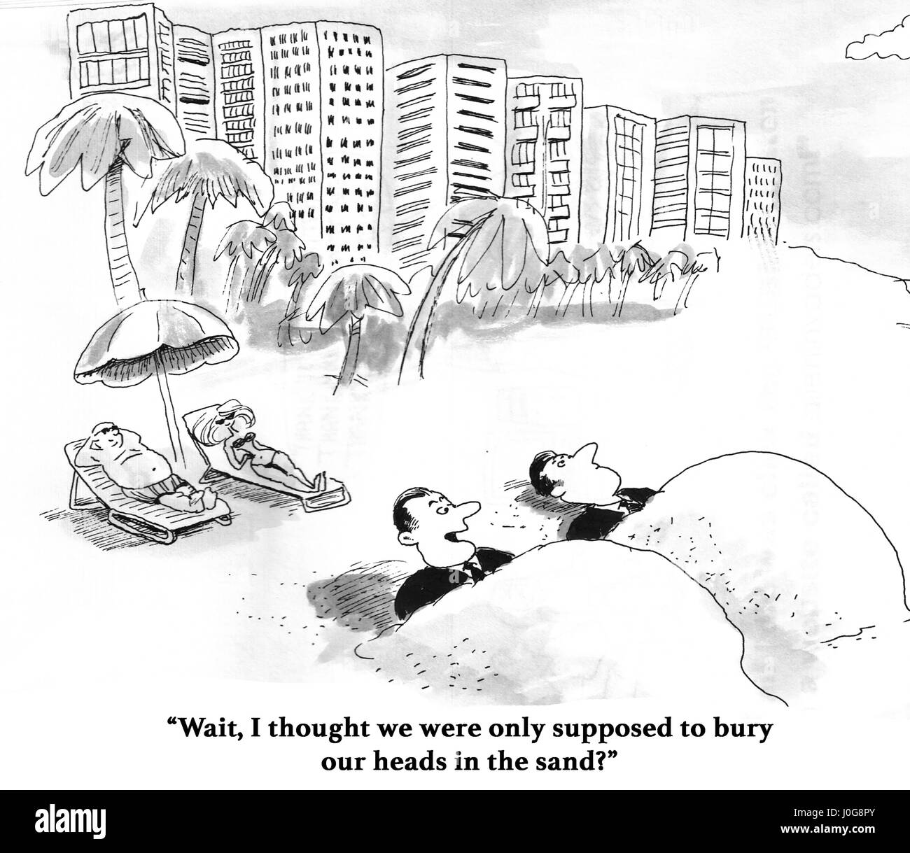 Business cartoon about a doofus who buried his body, not his head, in the sand. Stock Photo