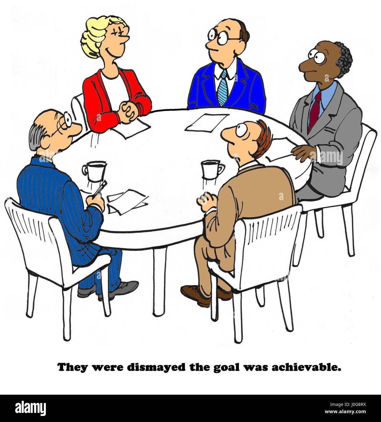 Business cartoon about workers dismayed their coworker achieved the difficult goal. Stock Photo