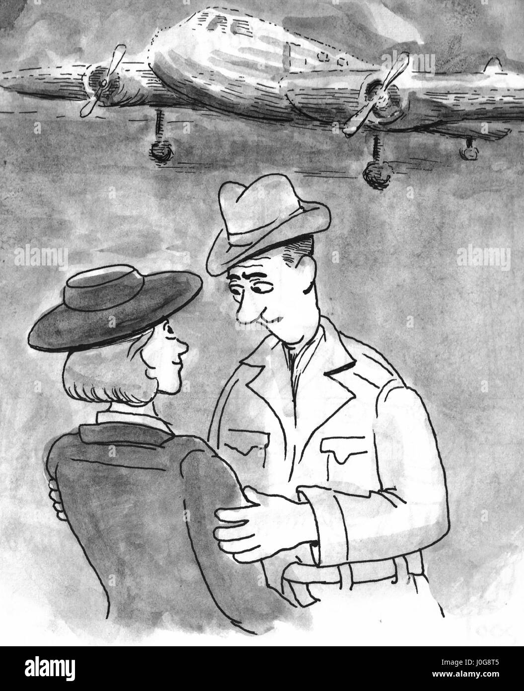 Cartoon illustration of a couple saying farewell at the airport. Stock Photo