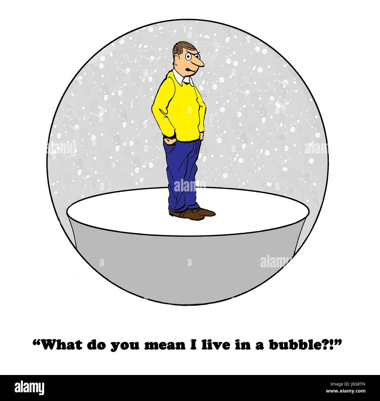 Cartoon about a man who lives inside a bubble. Stock Photo