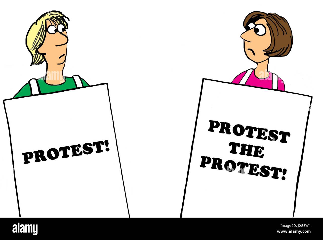 Political cartoon about a woman protesting the protest Stock Photo - Alamy