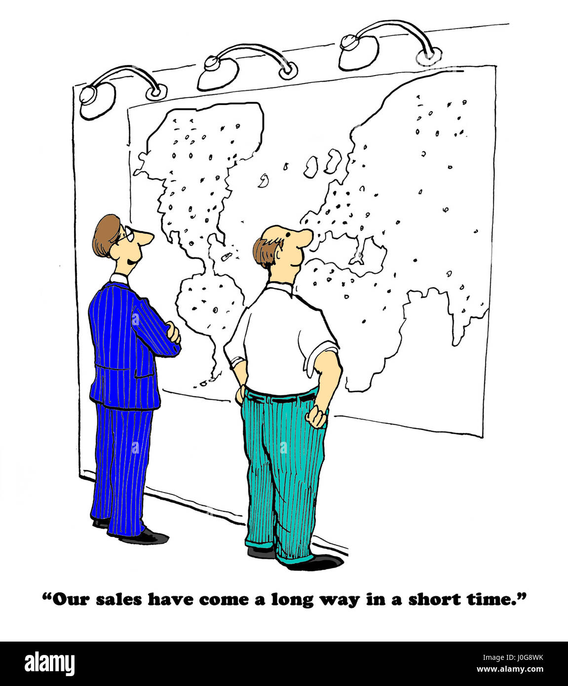 Business cartoon about large international expansion in a short amount of time. Stock Photo