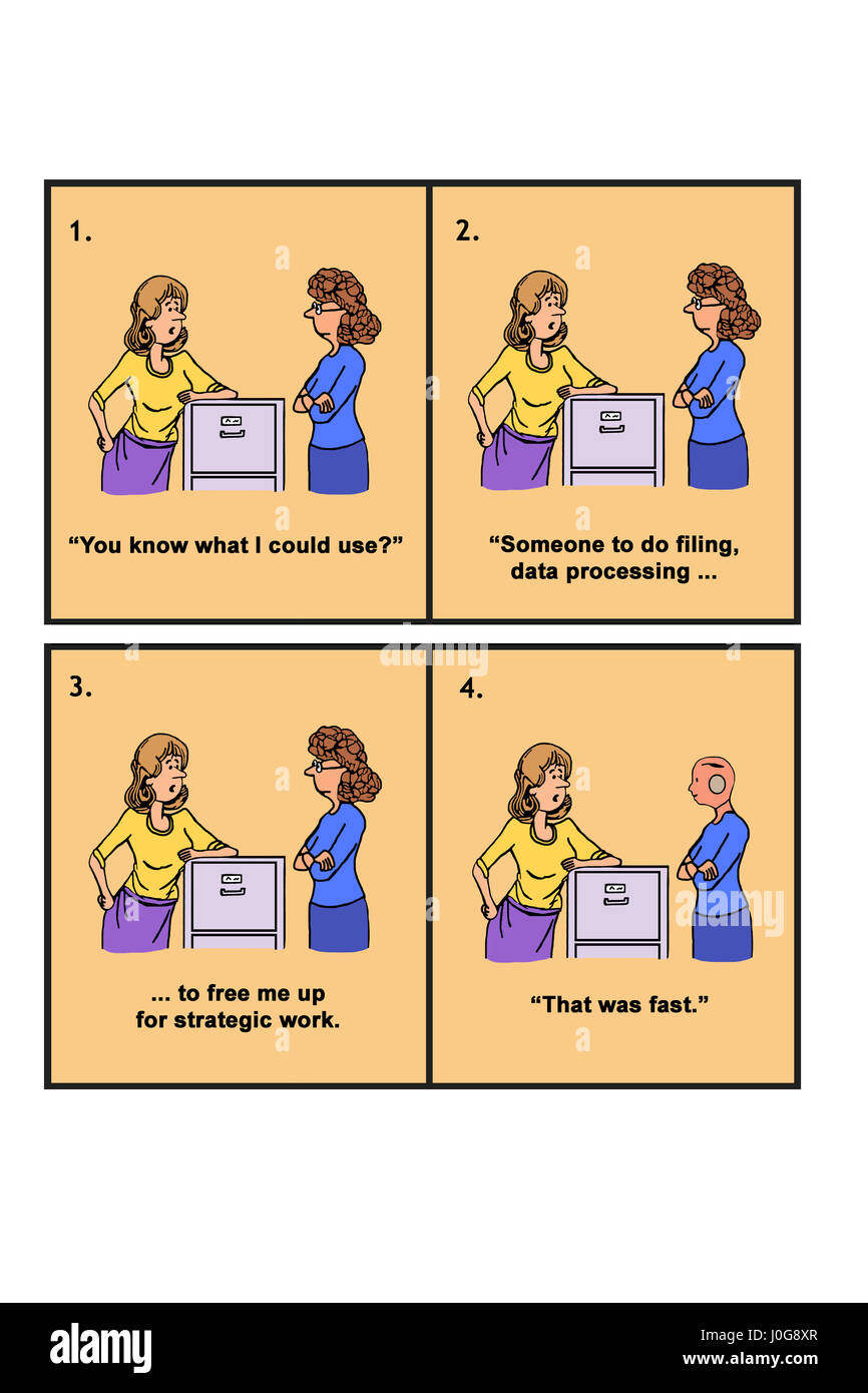 Business cartoon about a robot who is helpful to the manager. Stock Photo