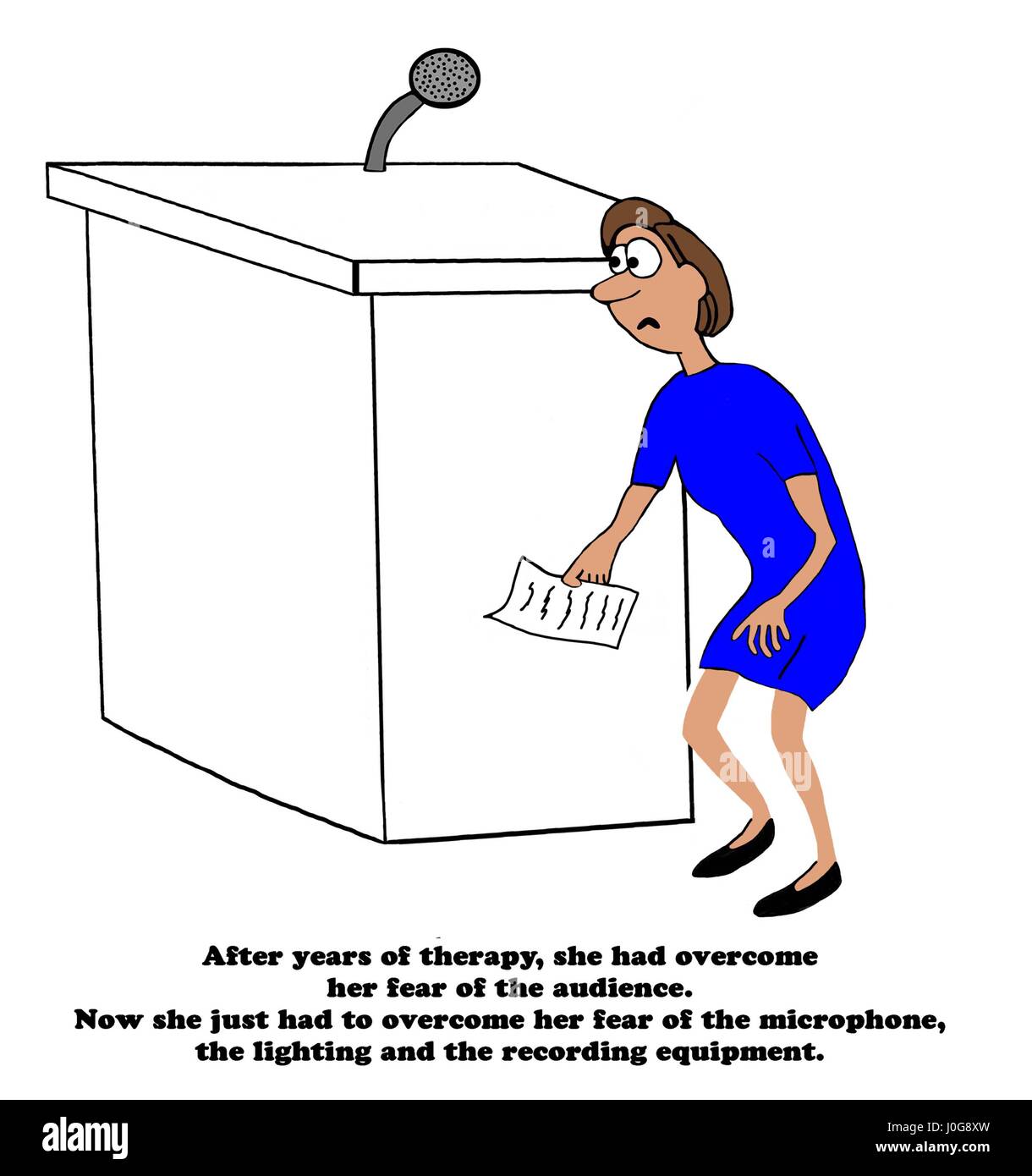 Business cartoon about a woman experiencing stage fright. Stock Photo