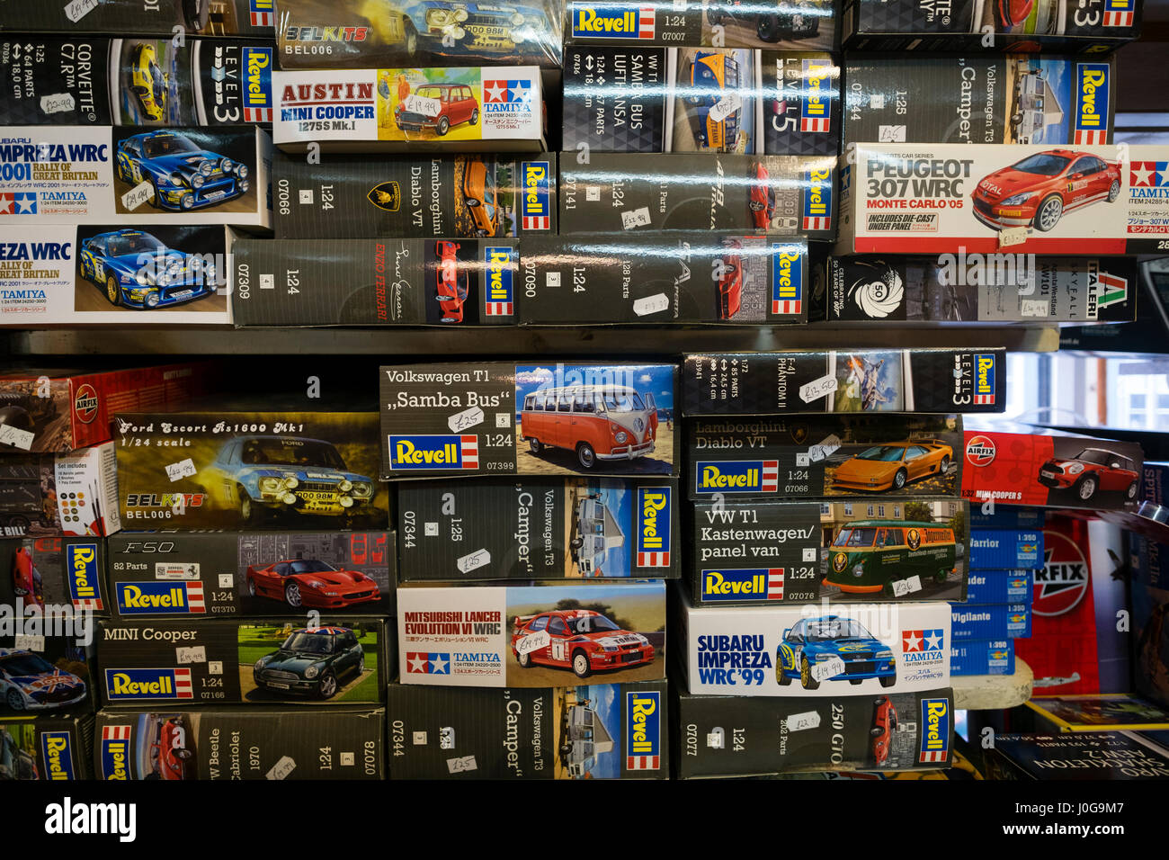 Boxes of Revell self-assembly model cars stacked up on shelves on sale in  'The Albatross' traditional old-fashioned toy, hobby and model shop,  Aberystwyth Wales UK Stock Photo - Alamy