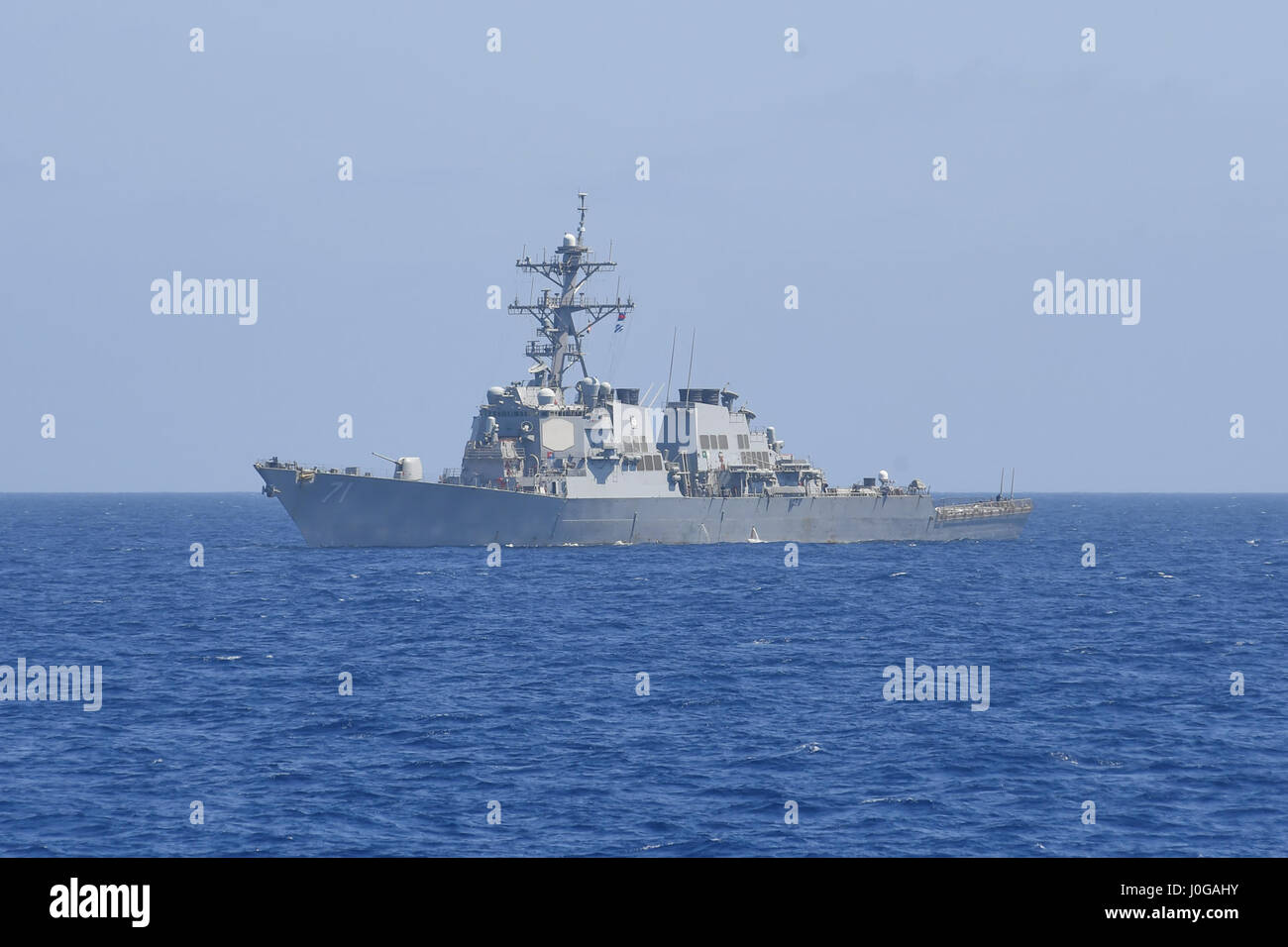 170407-N-JI086-384  MEDITERRANEAN SEA (April 7, 2017) The guided-missile destroyer USS Ross (DDG 71) transits the Mediterranean Sea, April 7, 2017. Ross, forward-deployed to Rota, Spain, is conducting naval operations in the U.S. 6th Fleet area of operations in support of U.S. national security interests in Europe. (U.S. Navy photo by Mass Communication Specialist 3rd Class Ford Williams/Released) Stock Photo