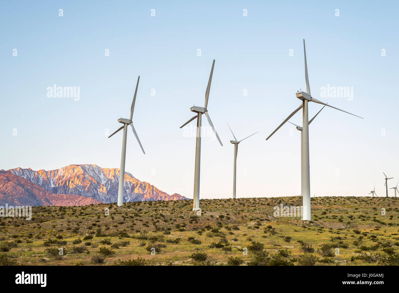 Wind turbines at the San Gorgonio Pass Wind Farm.  Southern California, USA. Stock Photo