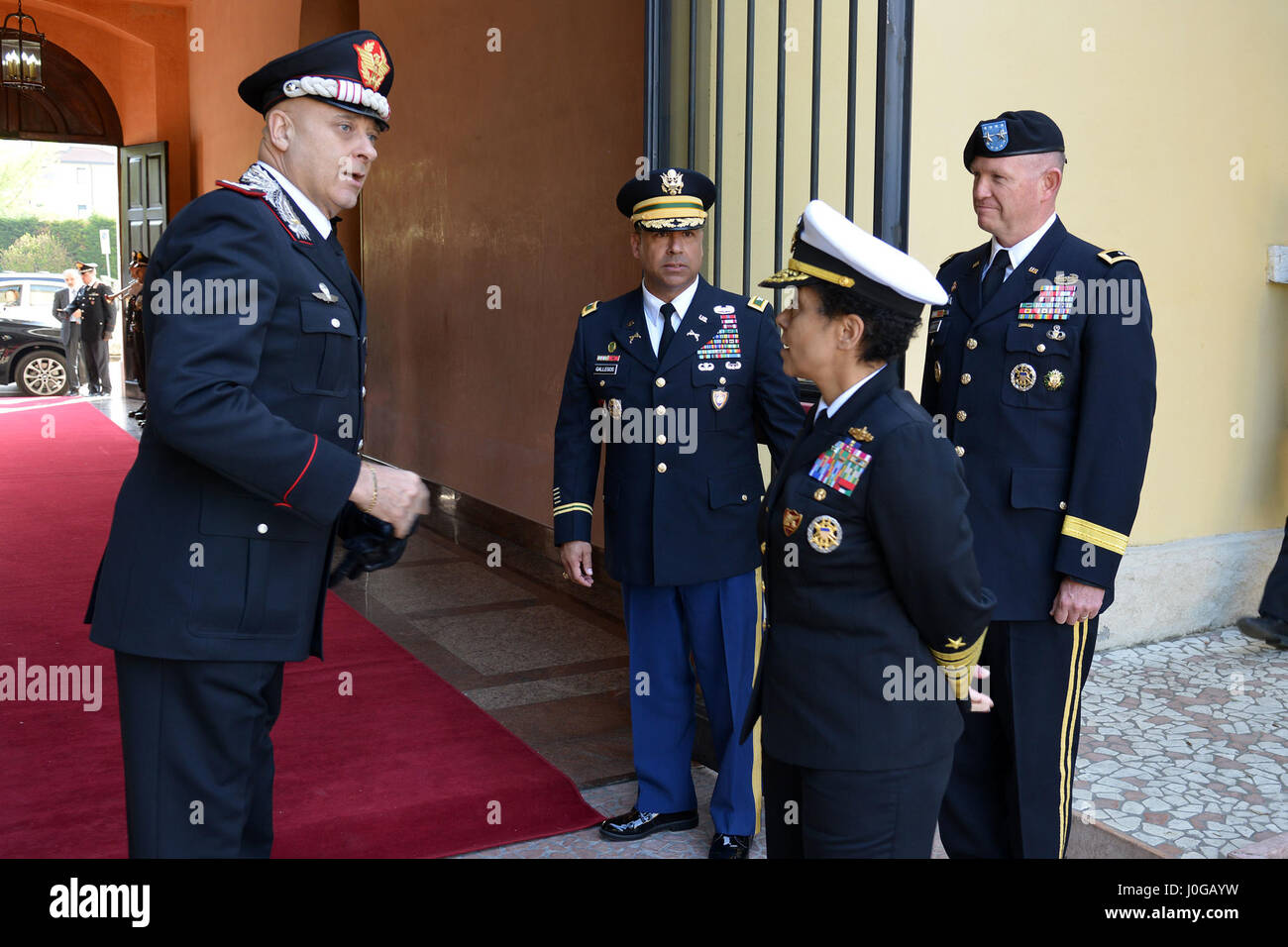 Italian Carabinieri Lt. Gen Vincenzo Coppola (left), Commanding General “Palidoro” Carabinieri Specialized and Mobile Units, meets Admiral Michelle Howard (left), NATO JFC-Naples Commander, during visit at the Center of Excellence for Stability Police Units (CoESPU) Vicenza, April 10, 2017. (U.S. Army Photo by Visual Information Specialist Paolo Bovo/released) Stock Photo