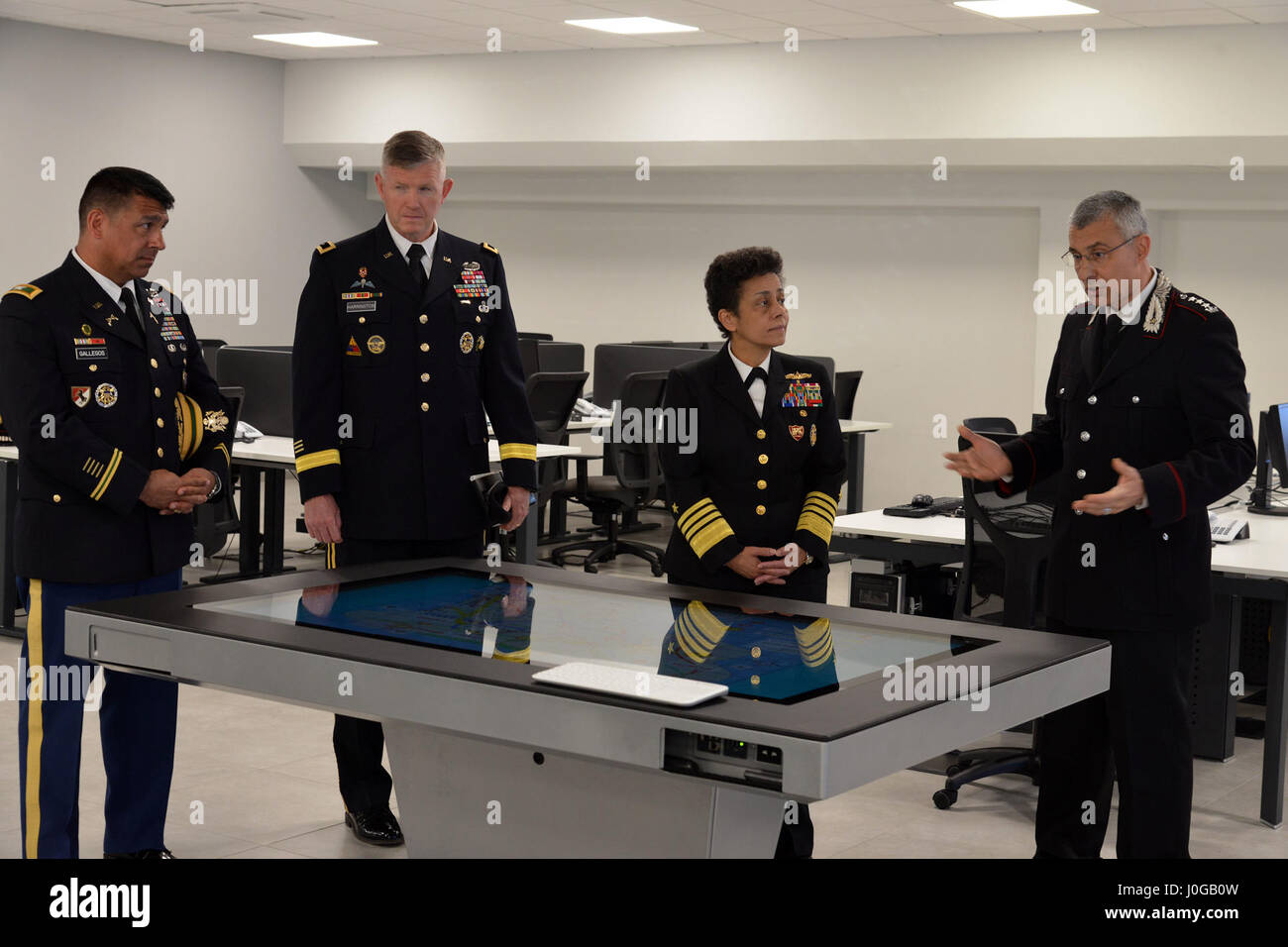 Admiral Michelle Howard, NATO JFC-Naples Commander, observes the room training area “Magistra” during the visit at the Center of Excellence for Stability Police Units (CoESPU) Vicenza, April 10, 2017. (U.S. Army Photo by Visual Information Specialist Paolo Bovo/released) Stock Photo