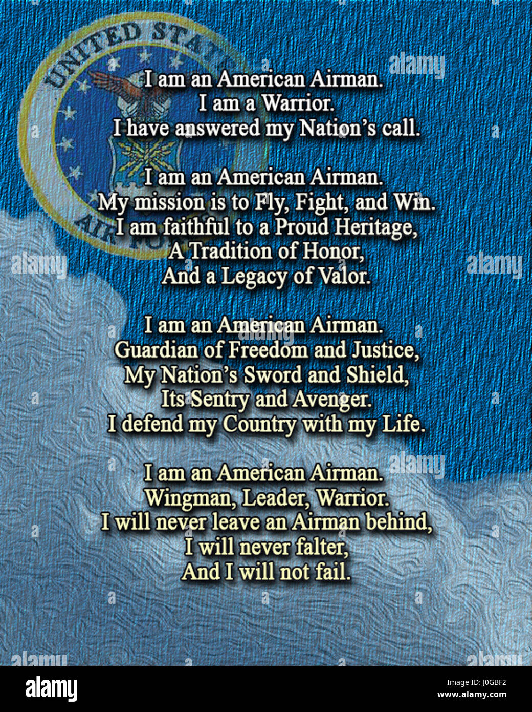 The Airman's Creed was implemented in 2007 to inspire pride in Airmen through reflection in the role they play in supporting and defending the nation.  It was designed to reinvigorate a warrior ethos while providing Airmen a tangible statement of beliefs. (U.S. Air Force graphic by Staff Sgt. William Banton) Stock Photo
