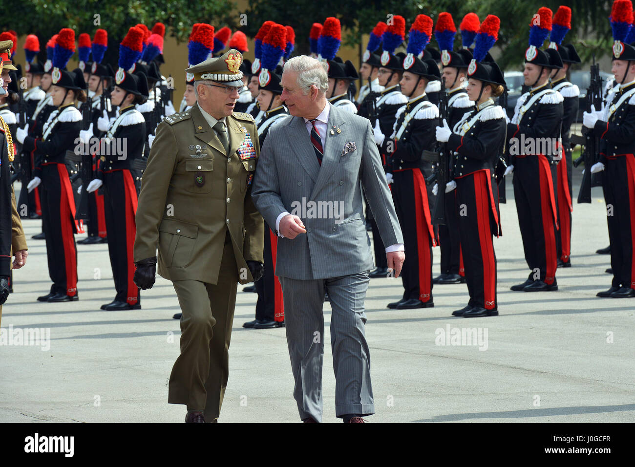 The Royal Highness, Prince Charles, Prince of Wales (right), and Gen. Claudio Graziano, Italian Army Chief of Staff (left), during visit at Center of Excellence for Stability Police Units (CoESPU) Vicenza, Italy, April 1, 2017. (U.S. Army Photo by Visual Information Specialist Antonio Bedin/released) Stock Photo