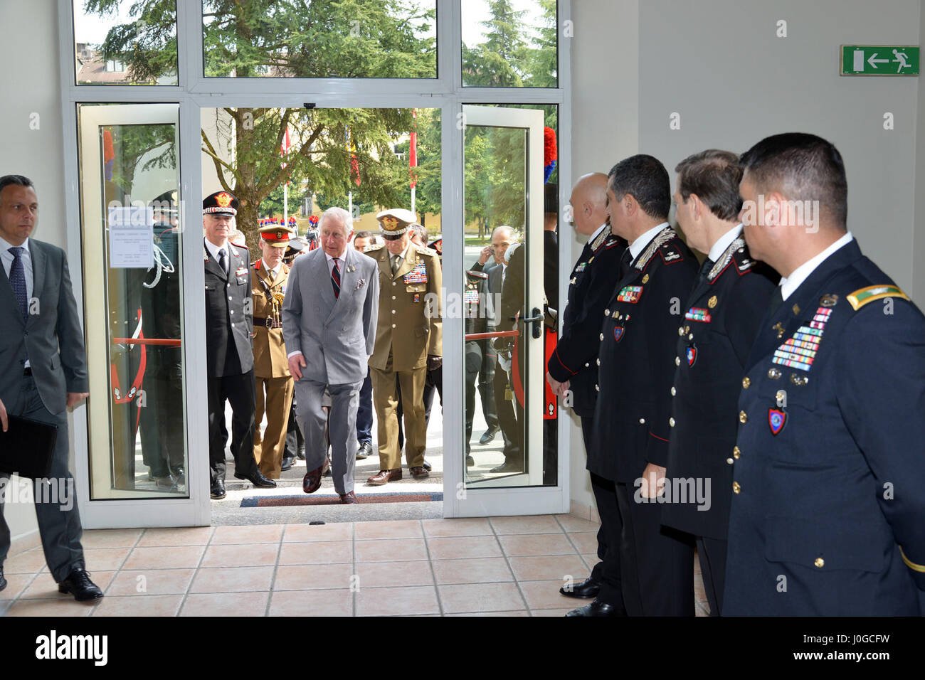 The Royal Highness, Prince Charles, Prince of Wales during visit at Center of Excellence for Stability Police Units (CoESPU) Vicenza, Italy, April 1, 2017. (U.S. Army Photo by Visual Information Specialist Antonio Bedin/released) Stock Photo
