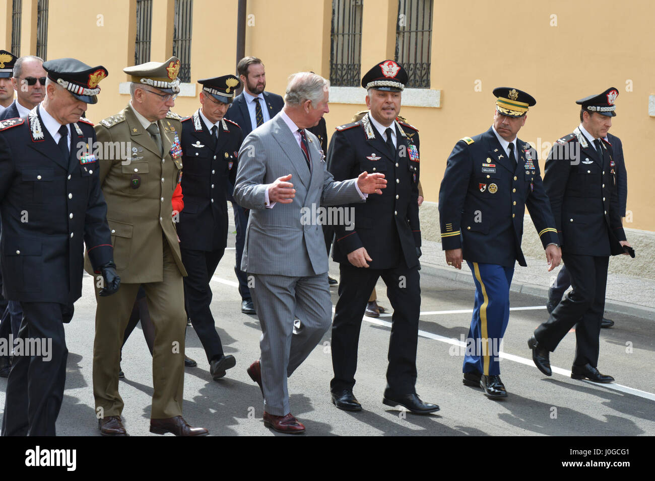 The Royal Highness, Prince Charles, Prince of Wales, during visit at Center of Excellence for Stability Police Units (CoESPU) Vicenza, Italy, April 1, 2017. (U.S. Army Photo by Visual Information Specialist Antonio Bedin/released) Stock Photo
