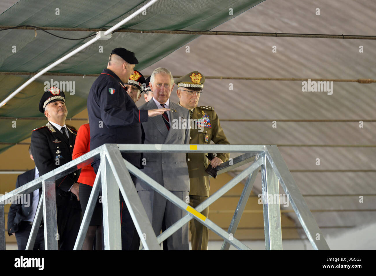 The Royal Highness, Prince Charles, Prince of Wales, observes a student training demonstration, during visit at Center of Excellence for Stability Police Units (CoESPU) Vicenza, Italy, April 1, 2017. (U.S. Army Photo by Visual Information Specialist Antonio Bedin/released) Stock Photo