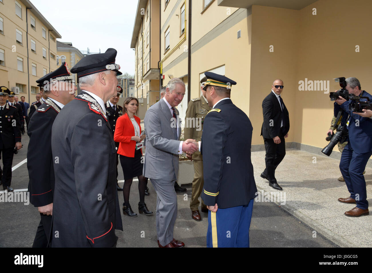 The Royal Highness, Prince Charles, Prince of Wales, meets U.S. Army Col. Darius S. Gallegos, CoESPU deputy director (right) during visit at Center of Excellence for Stability Police Units (CoESPU) Vicenza, Italy, April 1, 2017. (U.S. Army Photo by Visual Information Specialist Antonio Bedin/released) Stock Photo