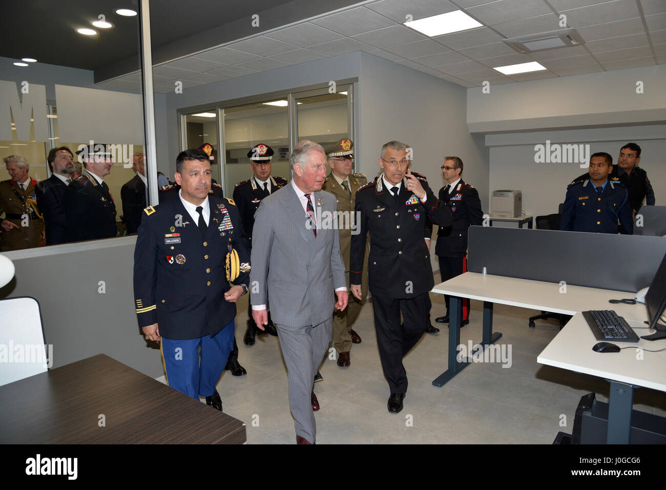 The Royal Highness, Prince Charles, Prince of Wales, observes the training room 'Magistra' during visit at Center of Excellence for Stability Police Units (CoESPU) Vicenza, Italy, April 1, 2017. (U.S. Army Photo by Visual Information Specialist Antonio Bedin/released) Stock Photo