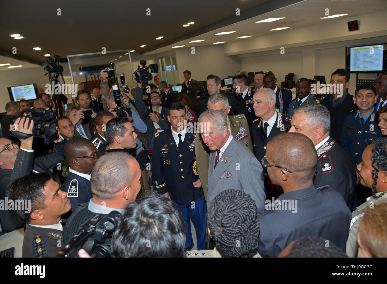 The Royal Highness, Prince Charles, Prince of Wales, meets students from Europe, Africa, Italy and the U.S., during visit at Center of Excellence for Stability Police Units (CoESPU) Vicenza, Italy, April 1, 2017. (U.S. Army Photo by Visual Information Specialist Antonio Bedin/released) Stock Photo