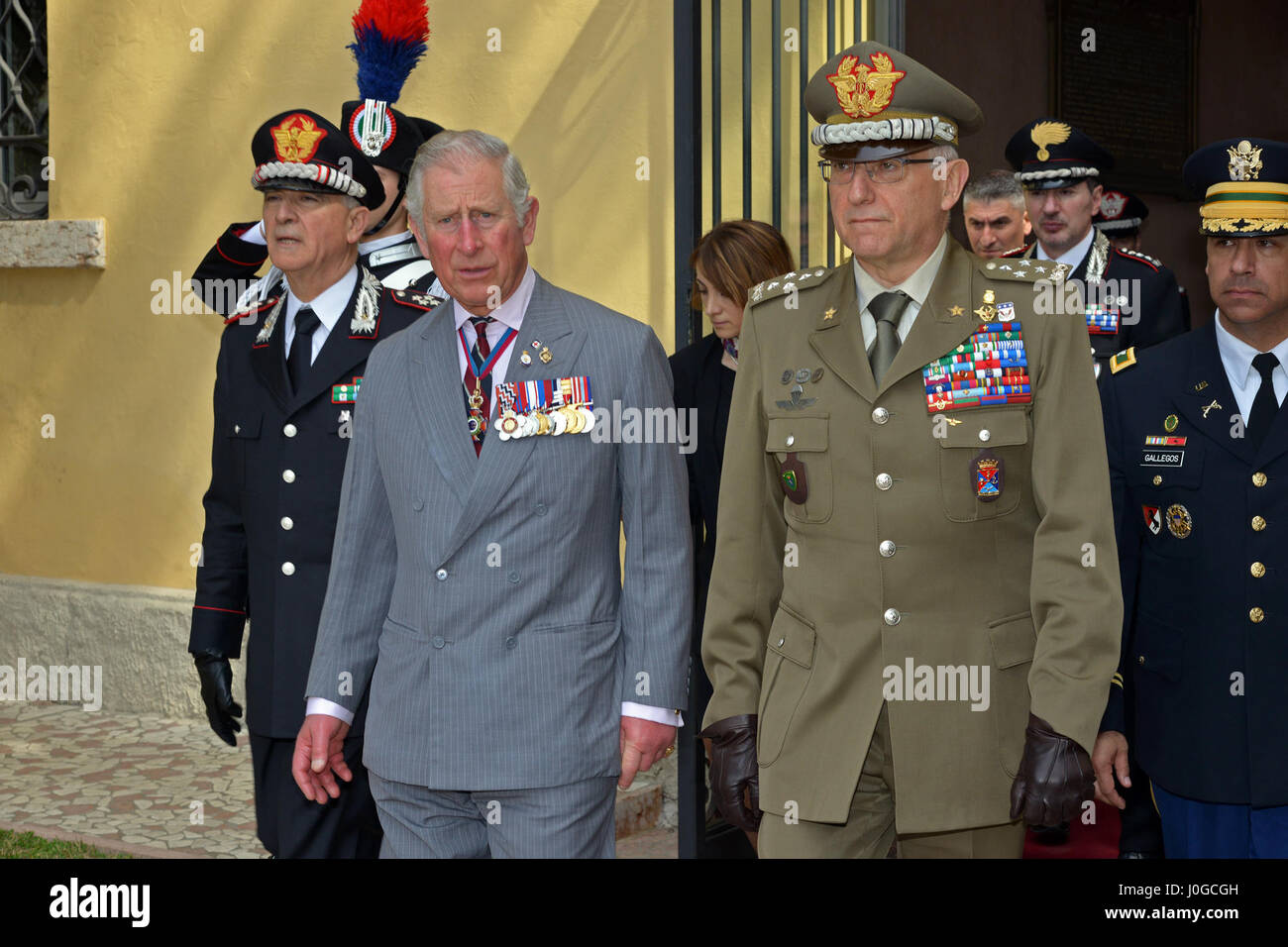The Royal Highness, Prince Charles, Prince of Wales (center), Gen. Claudio Graziano, Italian Army Chief of Staff (right) and Gen. Tullio Del Sette, Italian Carabinieri General Commander (left), receive the salute of honor at the end visit at Center of Excellence for Stability Police Units (CoESPU) Vicenza, Italy, April 1, 2017. (U.S. Army Photo by Visual Information Specialist Antonio Bedin/released) Stock Photo