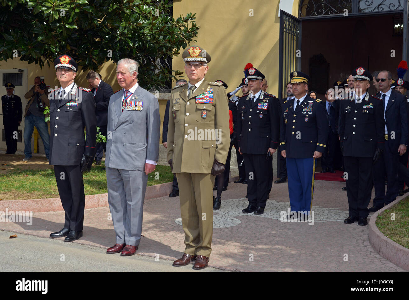 The Royal Highness, Prince Charles, Prince of Wales (center), Gen. Claudio Graziano, Italian Army Chief of Staff (right) and Gen. Tullio Del Sette, Italian Carabinieri General Commander (left), receive the salute of honor at the end visit at Center of Excellence for Stability Police Units (CoESPU) Vicenza, Italy, April 1, 2017. (U.S. Army Photo by Visual Information Specialist Antonio Bedin/released) Stock Photo