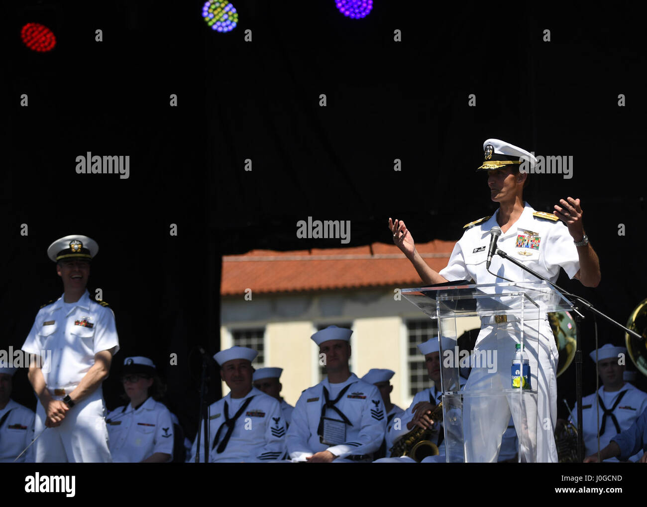170401-N-LQ926-506 BILOXI, Miss. (April 1, 2017) Rear Admiral Timothy C. Gallaudet, commander, Naval Meteorology and Oceanography Command, recognizes crew members of the Virginia-class fast-attack submarine USS Mississippi (SSN 782) during the official commencement proclamation ceremony for the Mississippi Bicentennial/Navy Week celebration at Centennial Plaza, Gulfport Mississippi. Gulfport/Biloxi is one of select regions to host a 2017 Navy Week, a week dedicated to raise U.S. Navy awareness in through local outreach, community service and exhibitions. (U.S. Navy photo by Mass Communication  Stock Photo