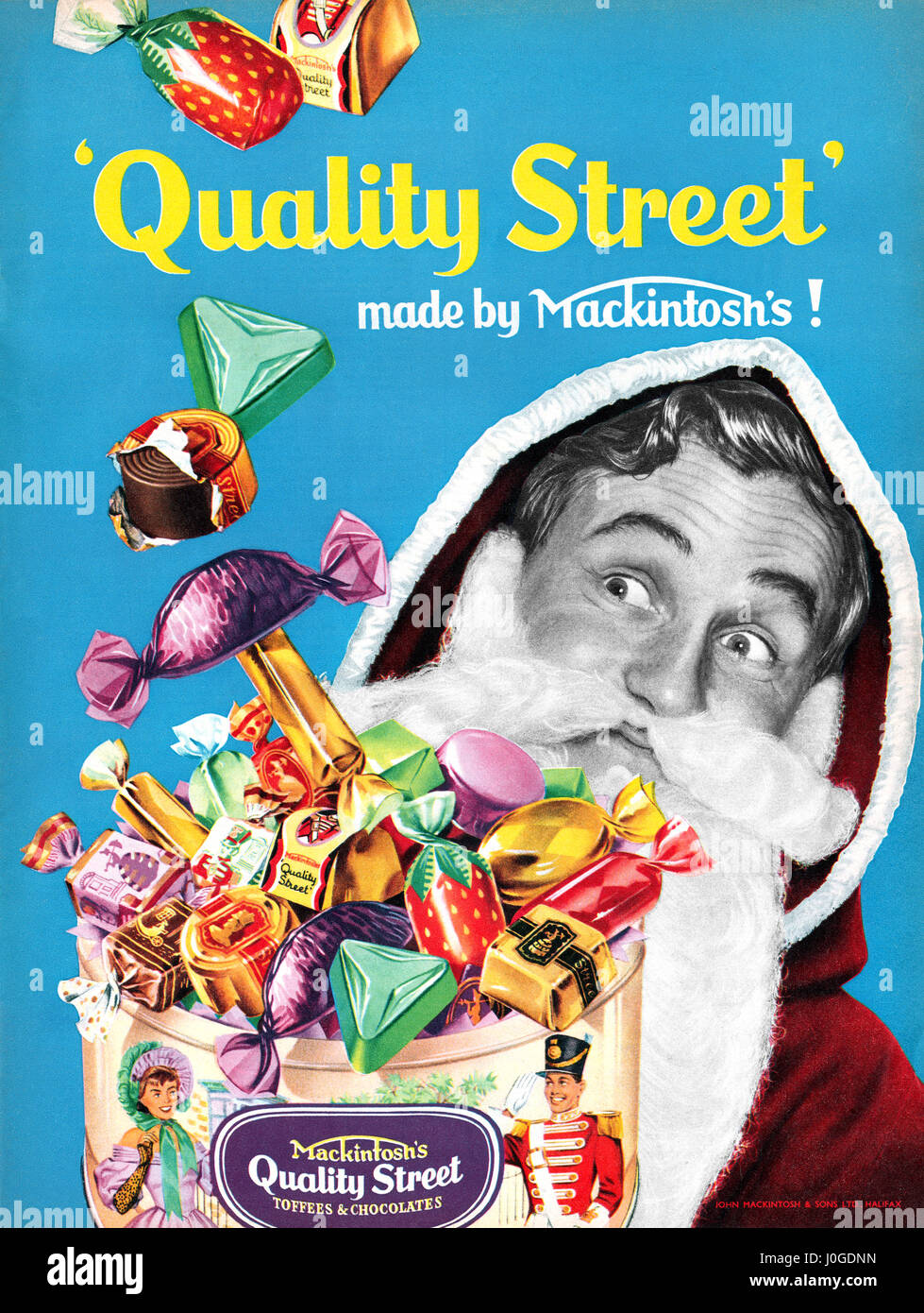1958 British Christmas advertisement for Mackintosh's Quality Street toffees and chocolates. Stock Photo