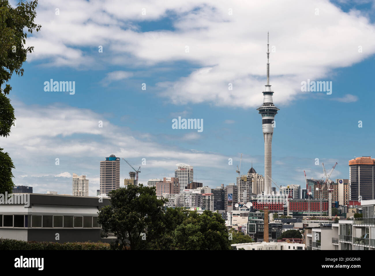 Auckland, New Zealand - March 1, 2017: From the higher lying Ponsonby Road, the Sky Tower can be seen clearly towering over the rest of the skyline wi Stock Photo