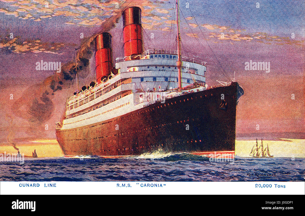 British postcard of the Cunard ship R.M.S. Caronia, illustrated by Odin Rosenvinge. Launched in 1904, the Caronia was used by Cunard for transatlantic voyages until 1932. She was scrapped in 1933. The first of three ships Cunard owned called Caronia. Stock Photo