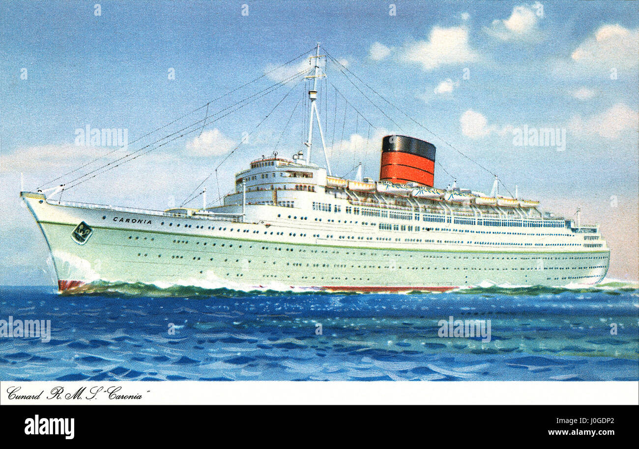 British postcard of the Cunard ship R.M.S. Caronia. The second Cunard ship to be named Caronia, she was launched by Princess Elizabeth in 1947. Sold in 1968, she was sent to Taiwan in 1974 to be scrapped but ran aground during a storm in Apra Harbour, Guam. Stock Photo