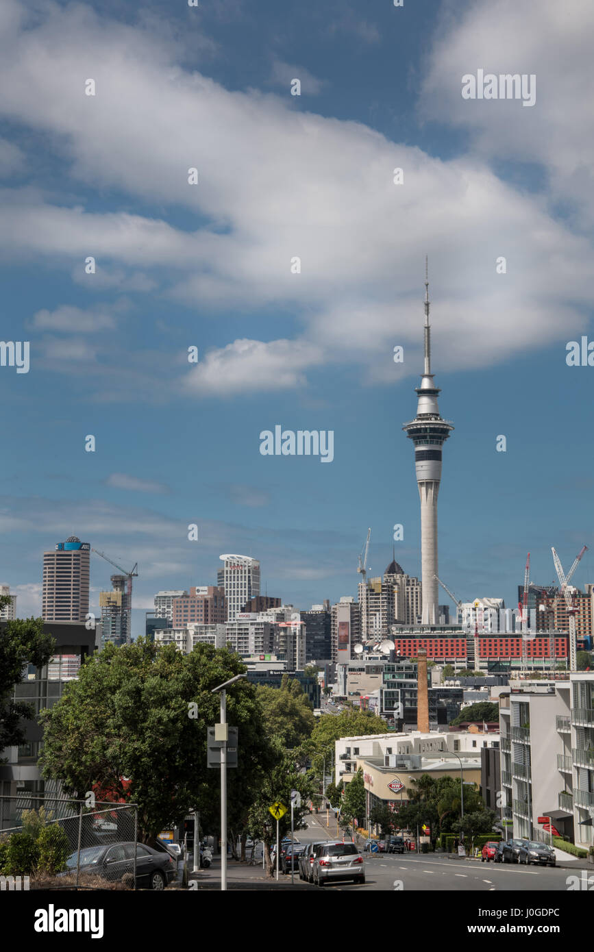Auckland, New Zealand - March 1, 2017: From the higher lying College Hill, the Sky Tower can be seen clearly towering over the rest of the skyline wit Stock Photo