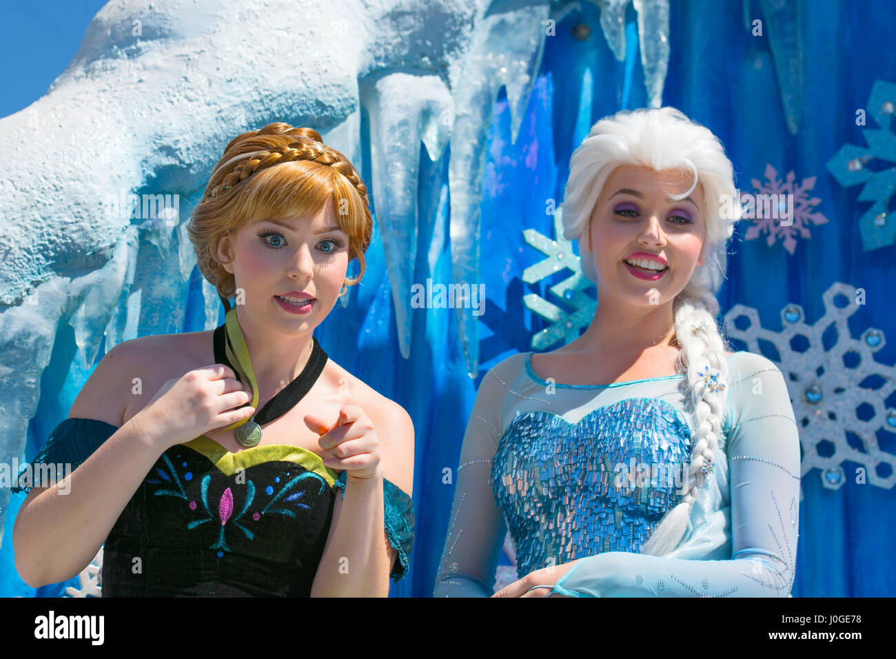 Elsa and Anna, Anna and Elsa characters Disney Movie Frozen,  Orlando Florida Stock Photo