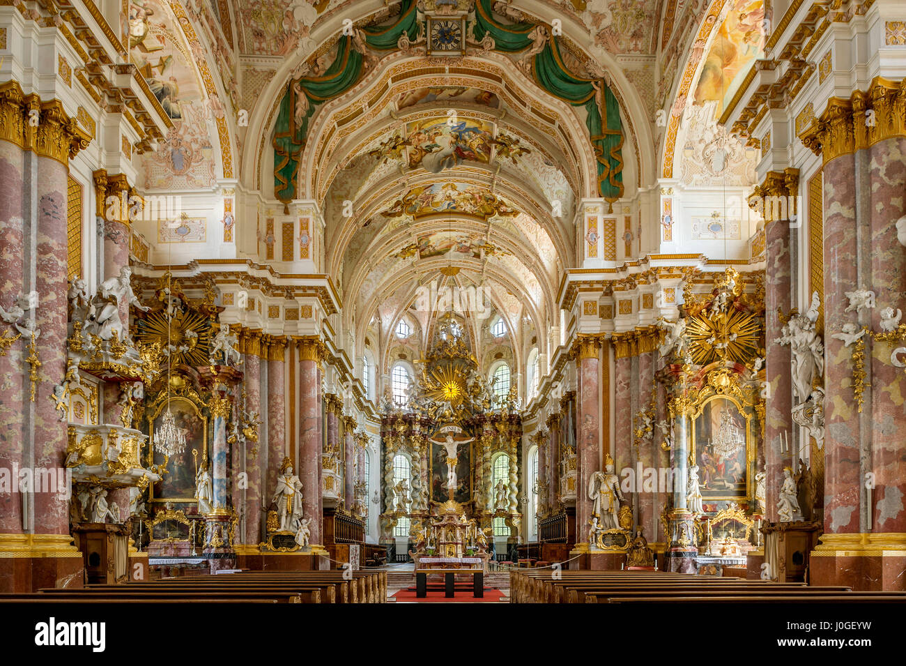 Nave with choir, chancel, baroque Monastery Church Mariä Himmelfahrt, St. Mary, interior, Kloster Fürstenfeld Stock Photo