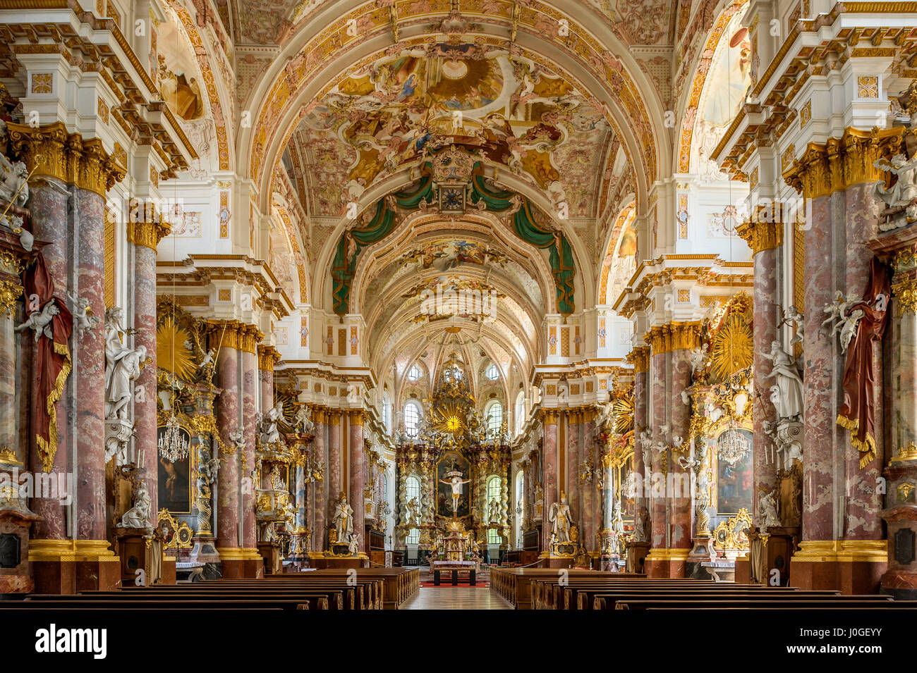 Nave with choir, chancel, baroque Monastery Church Mariä Himmelfahrt, St. Mary, interior, Kloster Fürstenfeld Stock Photo