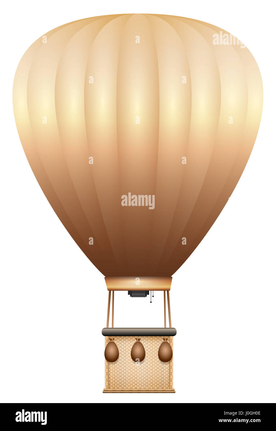 Hot air ballon - old fashioned retro style with braiding pattern basket and vintage sandbags - isolated illustration on white background. Stock Photo